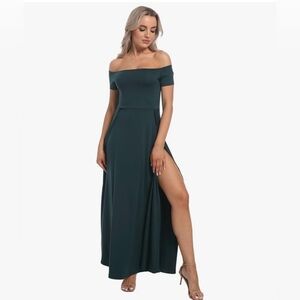 Women's Elegant Off Shoulder Double High Slit short Sleeve Dress A Line Maxi